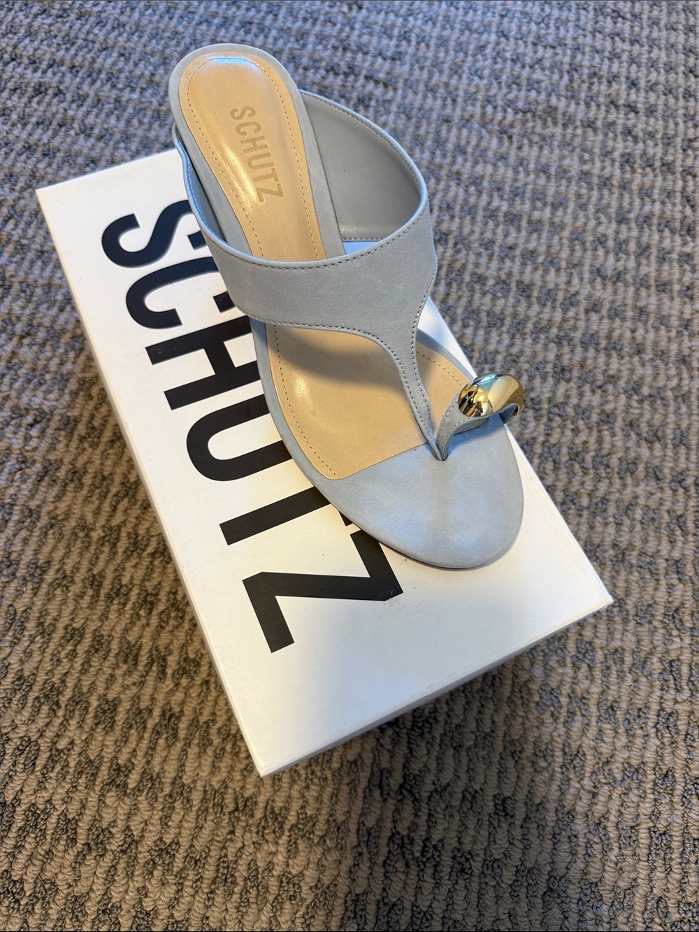SCHUTZ Light Blue Suede Toe-Ring Mule with Gold Accent